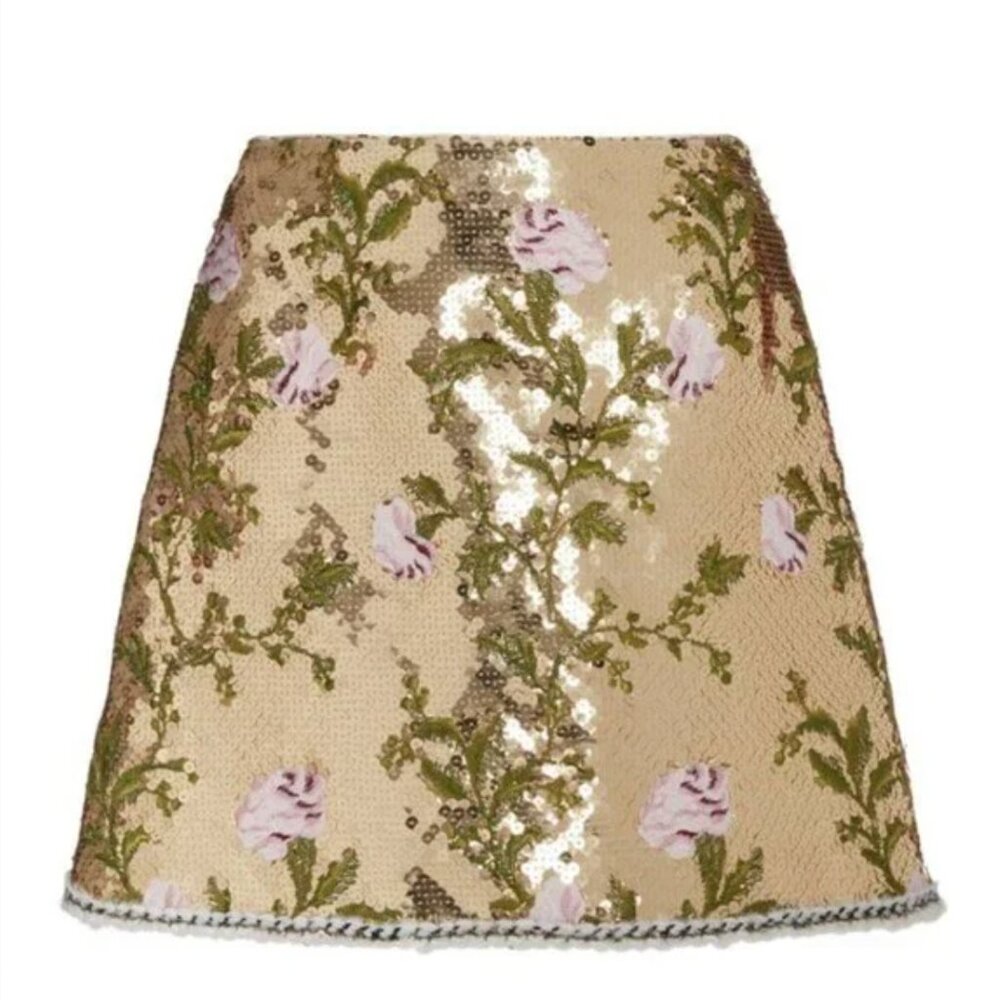 Giambattista Valli Gold Sequin Skirt Floral Embellishment